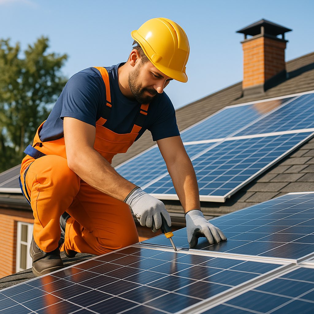 Solar panel repair specialist working on residential solar installation